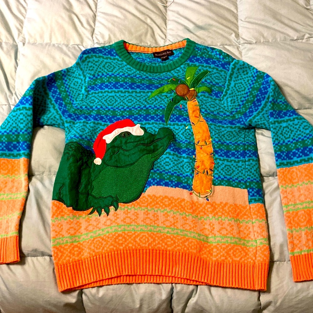 Ugly Christmas Sweater Beach Gator with Santa Hat, Palm Tree with Xmas Liights